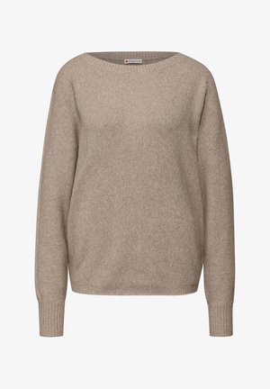 Beige neulottu villapaita, jossa on leveä pääntie, pitkät hihat ja resorit hihansuissa. Pehmeä tekstuuri, rento istuvuus ja minimalistinen muotoilu.