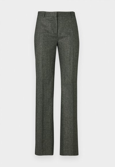 Prilagođene sive hlače s prugicama, izrađene od teksturiranog materijala, s pravim krojem i klasičnim pojasom s petljama za remen.