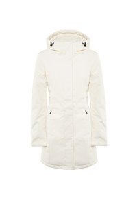 Giacca invernale con cappuccio di colore avorio, realizzata in tessuto liscio, dotata di tasche con zip e di un taglio dritto con lunghezza fino a metà coscia.