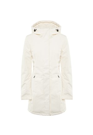 Giacca invernale con cappuccio di colore avorio, realizzata in tessuto liscio, dotata di tasche con zip e di un taglio dritto con lunghezza fino a metà coscia.