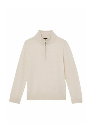 Creamfarvet langærmet sweater med høj krave og front lynlås i halv længde, ribkanter på ærmer og bund, lagt fladt på en hvid baggrund.
