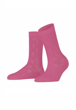 Pink socks featuring a textured diamond pattern and ribbed cuffs. Made from a stretchy material for a snug fit.