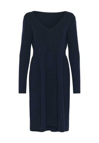 Robe en tricot à manches longues, bleu marine foncé, avec décolleté en V et motif côtelé commençant à la taille, longueur mi-genoux.