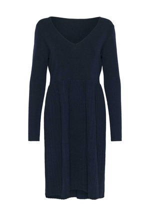 Long-sleeve dark navy knit dress with V-neck and ribbed pattern starting from the waist, knee-length hem.