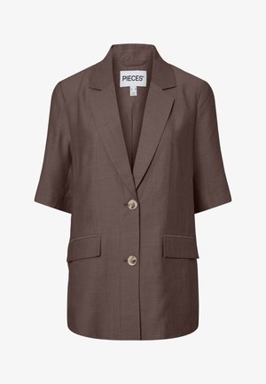 Blazer marrón de manga corta con solapas con muesca, dos bolsillos frontales con solapa y dos botones beige en el cierre frontal.