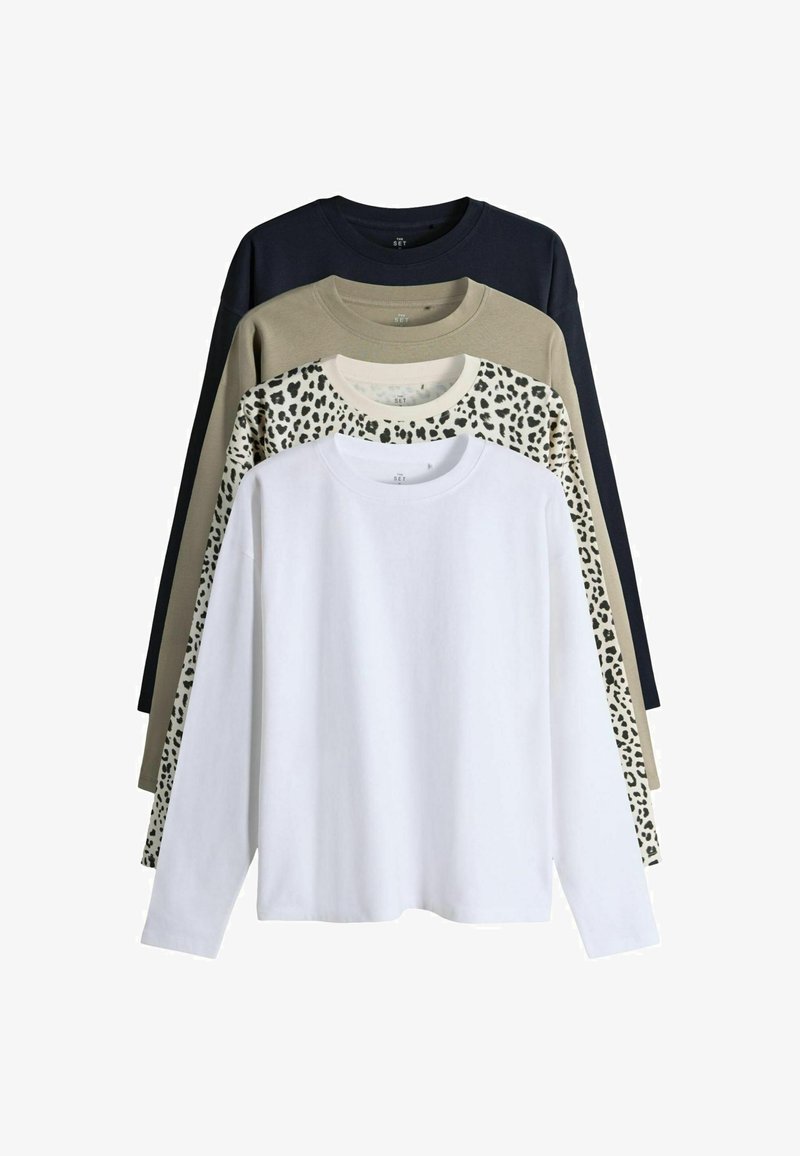 Neljä pitkähihaista T-paitaa pinottuna. Värinä tummansininen, beige, valkoinen ja beige leopardiopia. Puuvillamateriaalia. Pyöreä pääntie.