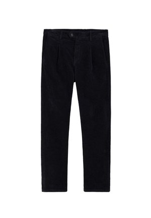 Pantalones de pana negra con superficie texturizada, con dos pinzas delanteras y cierre clásico con botón. Corte de pierna recta con bolsillos laterales.