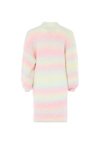 Maglione oversize, tessuto a maglia, righe in gradiente pastello di rosa e giallo, texture a costine, cuciture delle spalle scese, lunghezza fino a metà coscia.