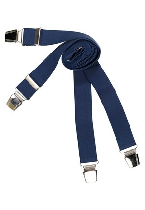 Marineblaue elastische Hosenträger mit drei Riemen, ausgestattet mit Metallclips und glatter Textur. Entworfen für eine verstellbare Passform und sicheren Halt.