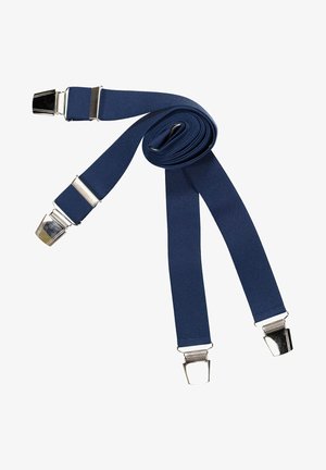 Marineblaue elastische Hosenträger mit drei Riemen, ausgestattet mit Metallclips und glatter Textur. Entworfen für eine verstellbare Passform und sicheren Halt.