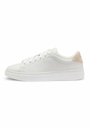 White leather sneaker with a smooth finish, round toe, lace-up design, subtle branding, and a light beige suede accent on the heel.