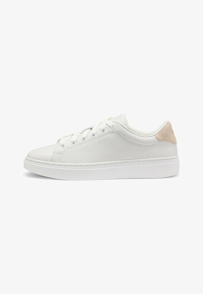 White leather sneaker with a smooth finish, round toe, lace-up design, subtle branding, and a light beige suede accent on the heel.