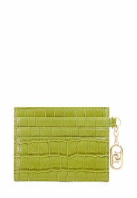 Green faux-crocodile cardholder with four slots, textured surface, and a gold-tone chain attachment. Rectangular shape, smooth finish.