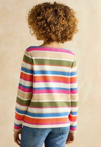 Multicolored striped sweater featuring horizontal lines in pink, green, blue, orange, and beige. Soft texture with a scoop neckline.
