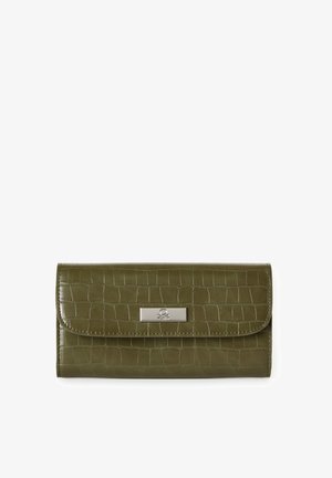 Olive green faux leather wallet featuring a crocodile texture, a metallic clasp closure, and a subtle logo plate on the front.