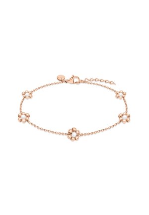 Braccialetto a catena in oro rosa con cinque piccoli ciondoli a forma di fiore, ognuno con una perla centrale bianca e chiusura a moschettone.