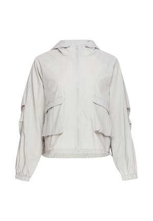 Giacca grigio chiaro con cappuccio, cerniera frontale, due grandi tasche anteriori con patta, maniche lunghe e polsini elastici.