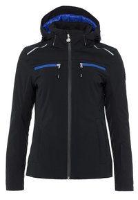 Svart jacka med blå accenter, huva, två bröstfickor med dragkedja och reflexdetaljer. Tillverkad av ett strukturerat, slitstarkt material som är lämpligt för utomhusbruk.