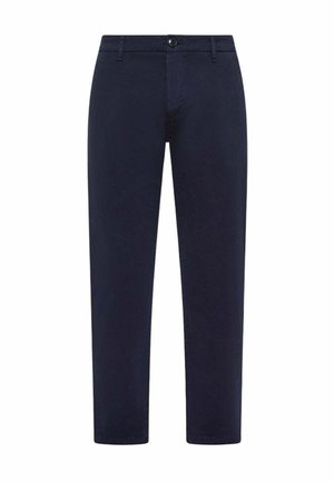 Pantaloni blu navy realizzati in cotone morbido, con vestibilità standard, passanti per la cintura, chiusura frontale con bottone e senza motivi o accenti visibili.