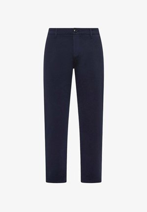 Pantaloni blu navy realizzati in cotone morbido, con vestibilità standard, passanti per la cintura, chiusura frontale con bottone e senza motivi o accenti visibili.