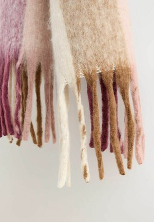 Wool scarf with fringes, featuring a gradient of colors: soft pink, white, brown, and deep burgundy. Textured, with a warm feel.