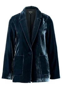 Námořnický sametový sako s jedním knoflíkem, vybaveným klopami a dvěma předními kapsami. Hladká textura s jemným leskem.