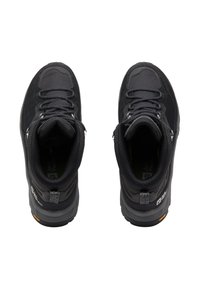 Schwarze Wanderschuhe mit einem strukturierten Nylon-Obermaterial, gepolsterten Schafte und Gummisohlen. Mit verstärkten Ösen und "Jack Wolfskin"-Branding.