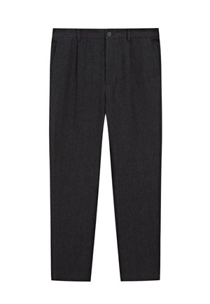 Dark gray tailored trousers with front button, belt loops, side pockets, and straight-leg design on a white background.