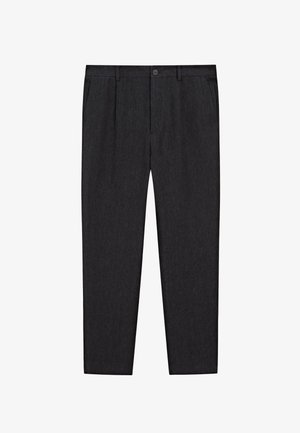 Dark gray tailored trousers with front button, belt loops, side pockets, and straight-leg design on a white background.