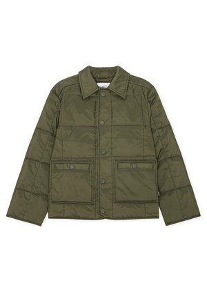 Πράσινο χακί μπουφάν με καπιτονέ σχέδιο, εμπρόσθιο κλείσιμο με κουμπιά, γιακά τύπου spread, δύο εμπρόσθιες τσέπες και φαρδιά σιλουέτα. Λείο, ελαφρύ ύφασμα.