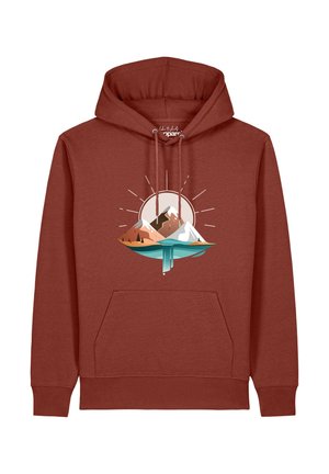 Rostfarbener Hoodie mit einer Grafik eines Berglandschaft mit Sonnenstrahlen, einem Wasserfall und Bäumen, mit Fronttasche und Kordelzugkapuze.