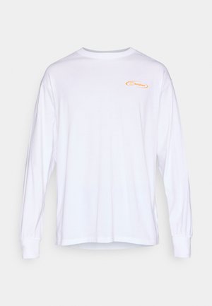 Biela bavlnená košeľa s dlhým rukávom, na ľavej strane hrudníka s oranžovým logom, okrúhlym výstrihom a rebrovanými manžetami.