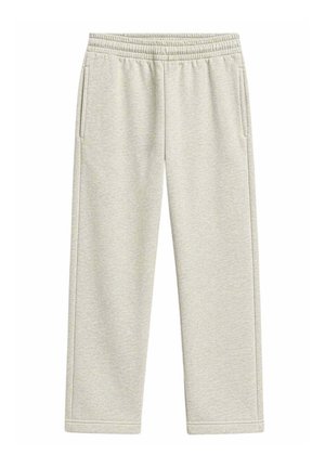 Pantalones deportivos gris claro con cintura elástica y bolsillos laterales, mostrados planos sobre fondo blanco.
