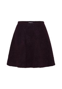 Ein ausgestellter Minirock in tiefem Lila, aus strukturiertem Stoff gefertigt. Verfügt über einen schlichten Taillenbund und eine A-Linien-Silhouette.