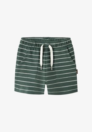 Groen-wit gestreepte peutershorts met elastische tailleband, wit trekkoord en voorzakken, gemaakt van geribd stof.