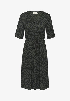 Žaliai juoda dryžuota suknelė su trumpomis rankovėmis, V formos iškirpte, knopkėmis ir surišama juosta. Pagaminta iš tekstūrinio audinio.