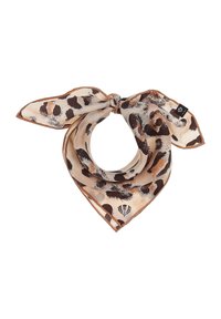 Leopard print silk scarf, featuring a blend of beige and brown hues, tied in a triangular shape with smooth texture and contrasting border.