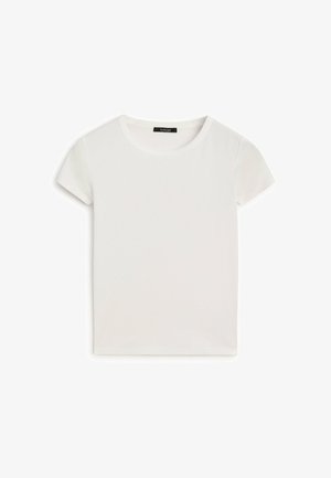 T-shirt bianca a maniche corte con scollo rotondo, realizzata in morbido cotone, caratterizzata da una superficie liscia e un design semplice.