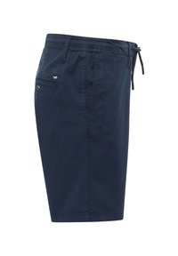 Shorts pour hommes bleu marine avec taille élastique, fermeture à cordon de serrage, poches latérales et petite étiquette logo au-dessus de la poche arrière avec bouton.