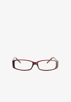 Red rectangular eyeglasses with a sleek design. Clear lenses, slightly translucent temples, and a gradient effect from red to gray.
