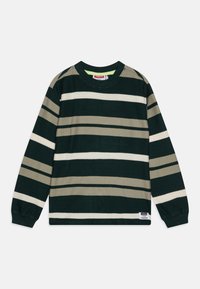 Maglione a maniche lunghe a righe in verde scuro, beige e bianco. Collo a girocollo e polsini a costine; tessuto testurizzato; piccolo cartellino con logo sull'orlo inferiore.