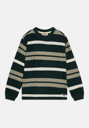 Long-sleeve striped sweater in dark green, beige, and white. Ribbed crewneck and cuffs; textured fabric; small logo tag at the lower hem.
