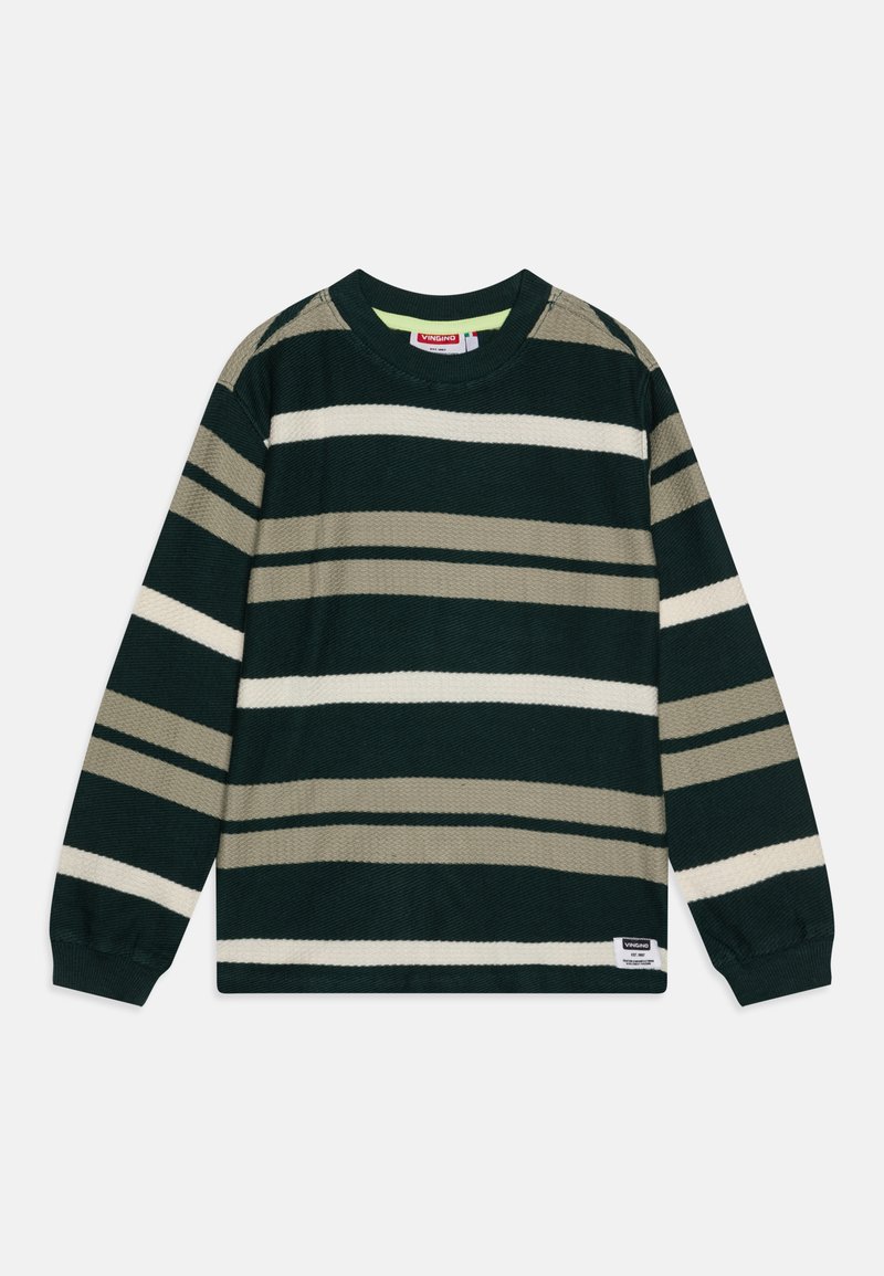 Maglione a maniche lunghe a righe in verde scuro, beige e bianco. Collo a girocollo e polsini a costine; tessuto testurizzato; piccolo cartellino con logo sull'orlo inferiore.