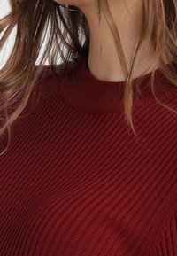 Pull à col roulé côtelé bordeaux avec une coupe ajustée, doté d'un col montant et d'une texture douce. Rayures verticales visibles sur le tissu.