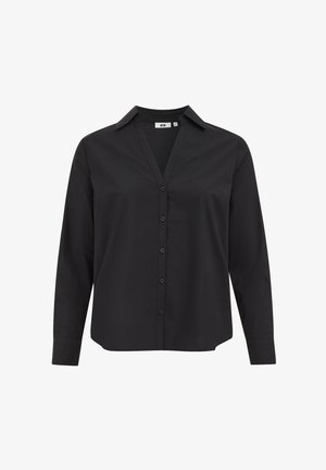 Chemise noire à manches longues avec un col en V et une fermeture à boutons. Fabriquée en tissu doux avec un col classique et une coupe décontractée.