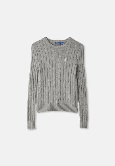 Gray cable-knit sweater featuring long sleeves, a ribbed hem, and a crew neckline. Small logo accent on the chest.