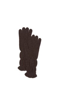 Gants en laine marron tricotés, avec une texture côtelée, dotés d'un poignet ajusté et d'un design classique à cinq doigts. Matériau en laine douce.