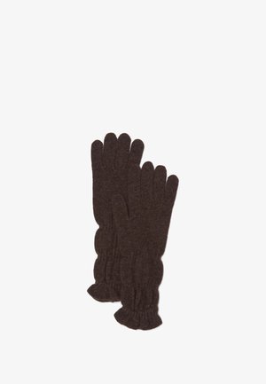 Guantes de lana marrones de punto con una textura acanalada, que presentan una muñeca ajustada y un diseño clásico de cinco dedos. Material de lana suave.