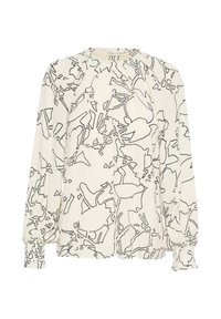Blusa a maniche lunghe in tessuto crema con motivo astratto nero, caratterizzata da un collo arricciato e polsini elastici. Tessuto morbido e vestibilità rilassata.