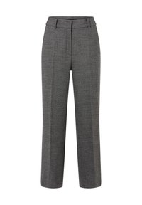 Graue, maßgeschneiderte Hose aus strukturiertem Stoff. Sie verfügt über einen flachen Vorderteil, weite Beine und einen mittelhohen Bund mit Gürtelschlaufen.